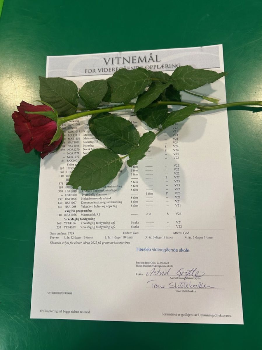 Bilde av vitnemål fra Hersleb vgs