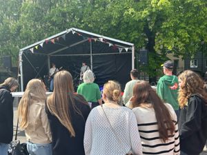 en gruppe mennesker som ser på et band på scenen